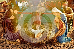 Statuettes of baby Jesus,The birthday of Jesus is a statuette of Maria with Joseph and newborn Jesus on the hay, A Christmas nativ