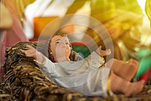 Statuettes of baby Jesus,The birthday of Jesus is a statuette of Maria with Joseph and newborn Jesus on the hay, A Christmas nativ