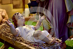 Statuettes of baby Jesus,The birthday of Jesus is a statuette of Maria with Joseph and newborn Jesus on the hay, A Christmas nativ