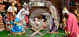 Statuettes of baby Jesus,The birthday of Jesus is a statuette of Maria with Joseph and newborn Jesus on the hay, A Christmas nativ