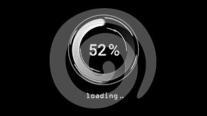 Status bar, loading. Circle downloading, progress, running bar aniamated with 1-100 percent on a black background.