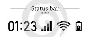 Status bar. Mobile phone icons set time, connection, wifi signal, battery icon. Vector illustration