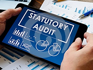 Statutory audit report on the tablet. Auditor inspect data.