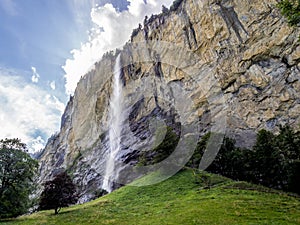 Staubbach waterfall in Lauterbrunnen in Bernese Alps Switzerland