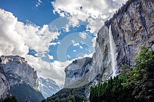 Staubbach waterfall in Lauterbrunnen village Switzerland