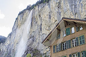 Staunbach Falls in Lauterbrunnen. Waterfall in the Alps. Swiss Alps. Alpine