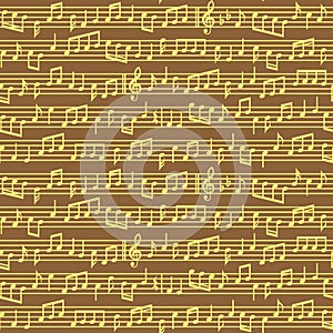 Stave with music notes seamless pattern. Brown and golden vector music notes sheet seamless pattern.
