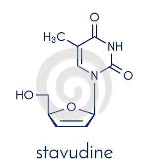 Stavudine d4T HIV drug molecule. Thymidine analog that blocks reverse-transcriptase. Skeletal formula. photo