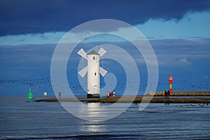 Stawa Mlyny, navigation beacon in shape of windmill Swinoujscie, Poland