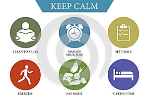 Stay calm. How to stay calm during a pandemic. Managing stress and anxiety during emergencies, infographics.