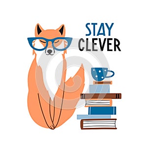 Stay clever. Cute hand drawn fox in glasses with books