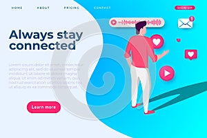 Always stay connected business page template with modern illustration of busy man and social media icons around him.