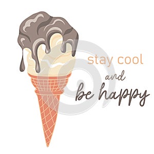 Stay cool and be happy. Soft serve ice cream with chocolate syrup in wafers cone