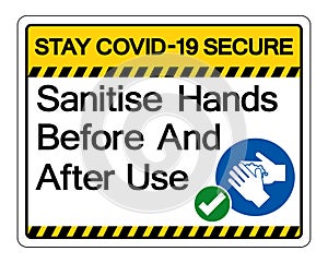 Stay Covid-19 Secure Sanitise Hands Before And After Use Symbol Sign, Vector Illustration, Isolate On White Background Label. photo