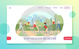 Stay healthy and be active landing web banner, modern city citizen character outdoor urban training ground flat vector