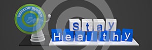 Stay healthy word cube with chess figure and immune system transparent shield