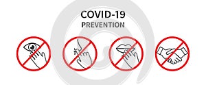 Do Not Touch Sign. Do not touch eyes, nose, mouth. Avoid handshakes. Coronovirus epidemic protective. Vector photo