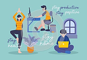 Stay at home activity flat cartoon set vector illustration. Daily activity to keep healthy and stay productive. A man working with