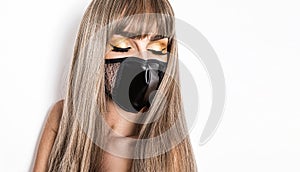 Stay at home awareness social media campaign and coronavirus prevention. Sexy woman with mask and dress promotes coronavirus