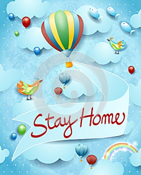 Stay home, banner message on sky background