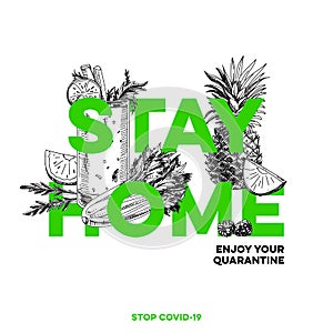 Stay home, best protection against a covid-19 viral infection, hand drawn retro vector illustration.