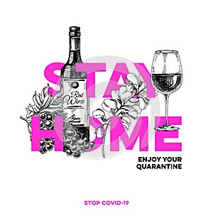 Stay home, best protection against a covid-19 viral infection, hand drawn retro vector illustration.
