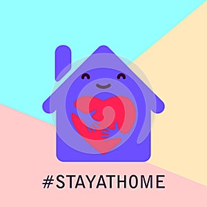 Stay at home campaign with house and heart inside on blue and pink colored background. Stayhome sign for pandemic corona virus