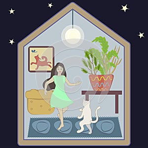 Stay home concept. Hand drown cute house inside, the light is on in the house at night. Girl dancing with a white cat