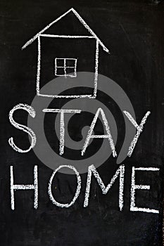 `Stay home`  concept written on blackboard.