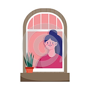 Stay at home, coronavirus covid 19, woman looking at window with icon plant in pot decoration