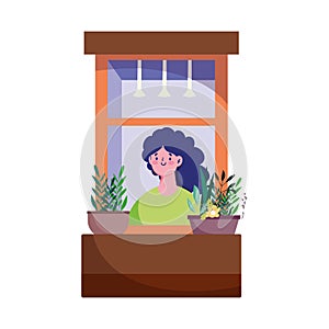 Stay at home, coronavirus covid 19, woman looking at window with icon plant in pot decoration