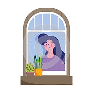 Stay at home, coronavirus covid 19, woman looking at window with icon plant in pot decoration