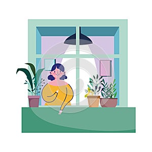 Stay at home, coronavirus covid 19, woman looking at window with icon plant in pot decoration