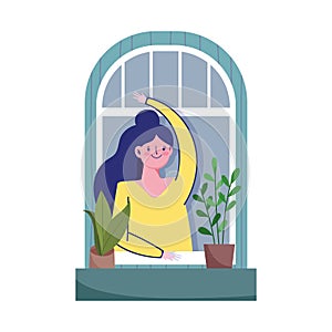 Stay at home, coronavirus covid 19, woman looking at window with icon plant in pot decoration