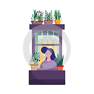 Stay at home, coronavirus covid 19, woman looking at window with icon plant in pot decoration