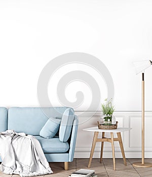 Stay home Cozy Interior Mock up With white empty wall in Living Room, Scandinavian Style, blue sofa with white plaid.