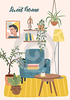 Stay at home. Cozy room interior. Vector illustration.