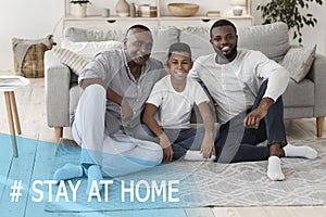 Stay At Home. Creative Collage With Happy Black Multi-Generational Male Family