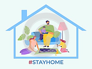 Stay home, family stop virus spread vector illustration. Parents and children spend quarantined time together. Mother photo