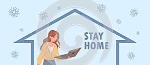 Stay home and fight Coronavirus banner design. Woman working at home on laptop vector flat illustration.