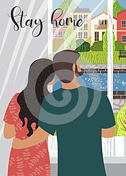 Stay home. Flat vector illustration of woman and man looking out the window. Outside the window is a deserted cityscape.