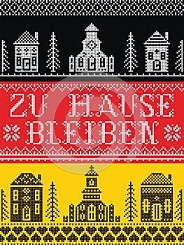 Stay Home in German Zu Hause Bleiben Nordic style on flag background Scandinavian Village elements Village Church , house