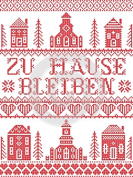 Stay Home in German Zu Hause Bleiben Nordic style inspired cross stitched sign with Scandinavian Village elements Village Church