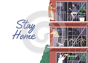 Stay home, isolation concept. Horizontal banner with a place for text. People spend time in apartment during coronavirus