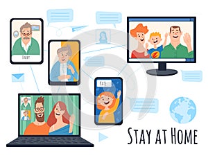 Stay at home isolation vector image with family characters