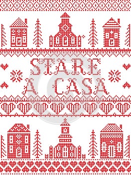 Stay Home in Italian Stare A Casa Nordic style inspired cross stitched sign with  Scandinavian Village elements Village Church , h