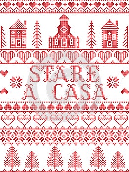 Stay Home in Italian Stare A Casa Nordic style on Italian in red and white with  Scandinavian Village elements message due Covid-1