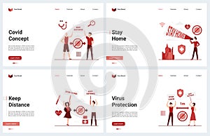 Stay home, keep distance preventive measures to stop coronavirus concept landing page set