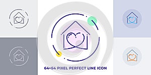 Stay home line art vector icon. Outline symbol of heart in house. Love pictogram made of thin stroke