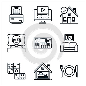 stay at home line icons. linear set. quality vector line set such as eating, cooking, domino, relax, synthesizer, sleeping, stay